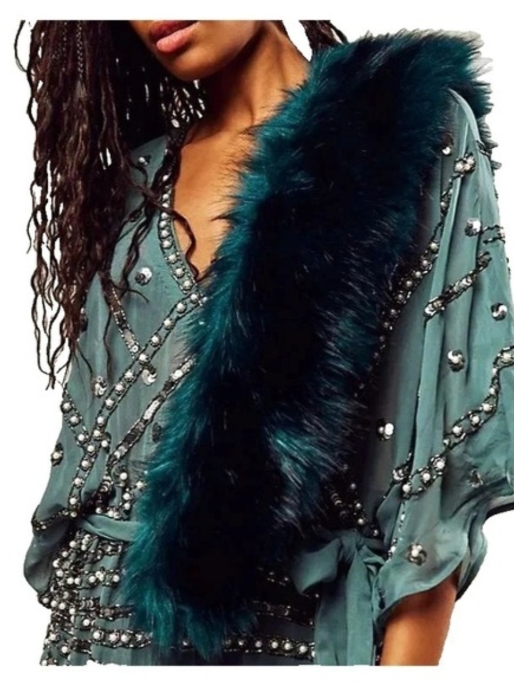 NWT Free People Lodge Luxury Faux Fur Plaid Lined Infinity Scarf OS Teal